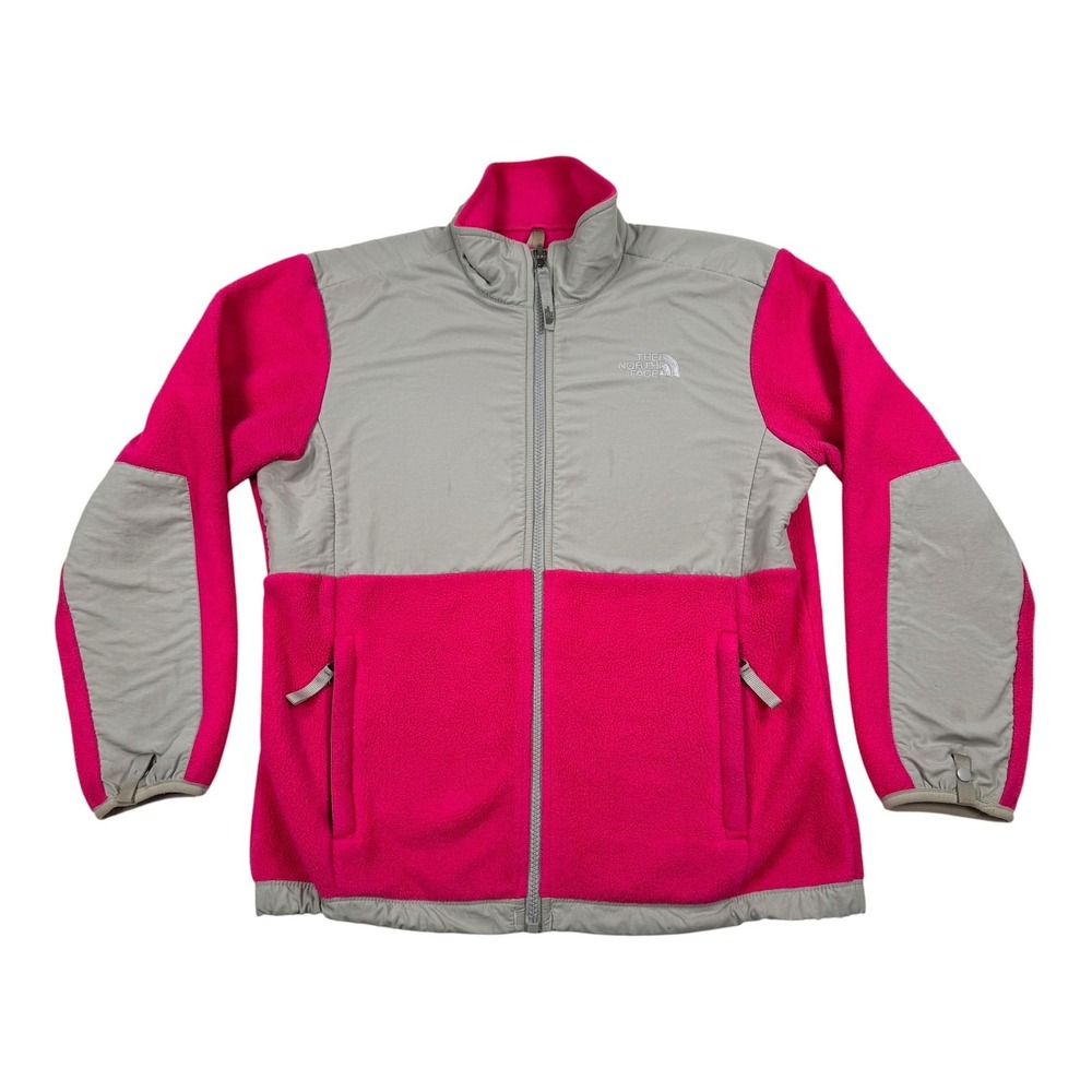 The North Face Denali Fleece Jacket Girls Large Pink Gray Full Zip Nylon Panels